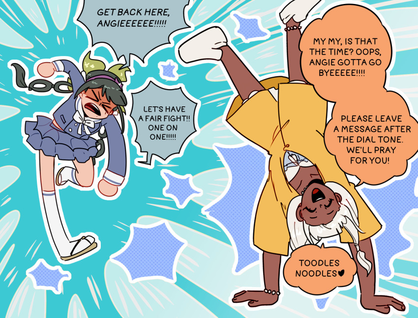 &gt;_&lt; 2girls angry black_hair blue_serafuku blue_shirt blue_skirt blue_socks bracelet chabashira_tenko character_name chasing clenched_hands closed_eyes collared_shirt commentary danganronpa_(series) danganronpa_v3:_killing_harmony dark-skinned_female dark_skin english_commentary english_text eyelashes full_body green_ribbon hair_ribbon hairband handstand highres jacket jewelry long_hair long_sleeves ministarfruit mole mole_under_mouth multiple_girls open_mouth outline purple_hairband ribbon sailor_collar sandals school_uniform serafuku shirt shoes skirt smile socks speech_bubble teeth twintails upper_teeth_only upside-down v-shaped_eyebrows white_outline white_sailor_collar white_shoes yellow_jacket yonaga_angie