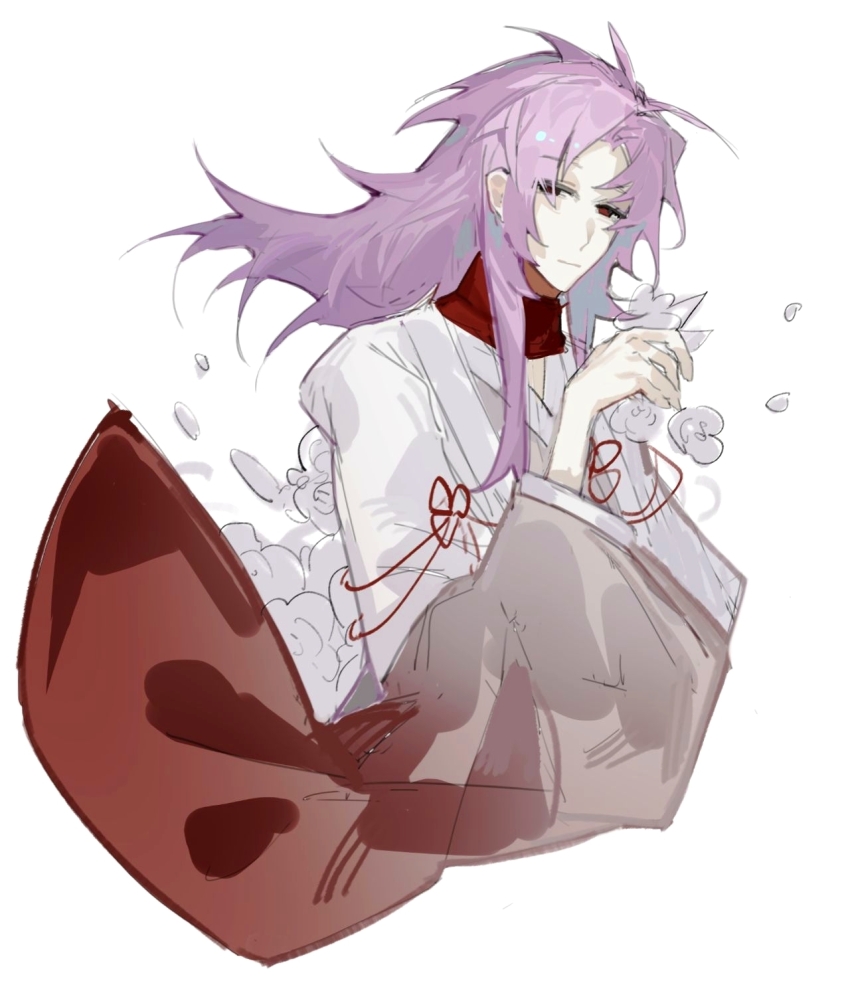 1boy alternate_costume chinese_commentary closed_mouth commentary_request cropped_torso curtained_hair exe-dream flower flower_knot grey_kimono haori hatsutori_hajime highres japanese_clothes kimono long_hair long_sleeves male_focus parted_bangs pink_hair red_eyes red_scarf saibou_shinkyoku scarf solo white_background white_flower white_haori wide_sleeves