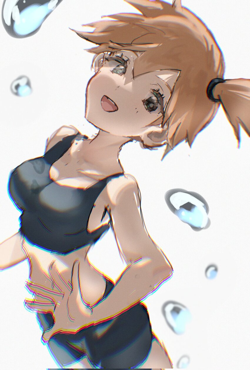 1girl :d asymmetrical_hair bare_arms bike_shorts blush bra breasts bubble cleavage denim denim_shorts eyelashes gen_1_pokemon grey_eyes gym_leader hair_between_eyes hair_tie highres large_breasts looking_at_viewer midriff misty_(pokemon) navel nintendo no53_(pixiv_77486930) open_mouth orange_hair pokemon pokemon_(anime) pokemon_(classic_anime) pokemon_rgby ponytail shirt short_hair short_shorts shorts side_ponytail sleeveless smile solo sports_bra sportswear suspenders tank_top teeth thighs tongue underwear upper_teeth_only water_drop