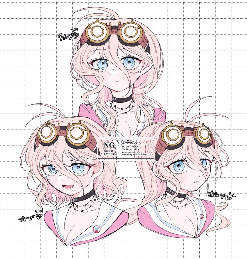 1girl alternate_hair_length alternate_hairstyle antenna_hair barbed_wire blonde_hair blue_eyes blush breasts choker collarbone commentary danganronpa_(series) danganronpa_v3:_killing_harmony eyelashes goggles goggles_on_head grid_background hair_between_eyes heart highres iruma_miu large_breasts long_hair looking_at_viewer medium_hair mmr_0x open_mouth pink_serafuku pink_shirt ponytail portrait ringed_eyes school_uniform serafuku shirt simple_background smile teeth watermark