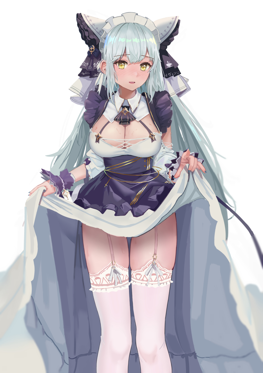 1girl absurdres animal_ears azur_lane blush breasts cheshire_(azur_lane) cheshire_(azur_lane)_(cosplay) cleavage cleavage_cutout clothes_lift clothing_cutout commission cosplay dress dress_lift fake_animal_ears frilled_dress frills garter_straps green_hair green_nails grey_hair highres large_breasts layered_dress long_hair looking_at_viewer maid_headdress nanado27_7 parted_lips pixiv_commission purple_dress revenge_(azur_lane) simple_background solo sweat thighhighs white_background white_dress white_garter_straps white_thighhighs yellow_eyes