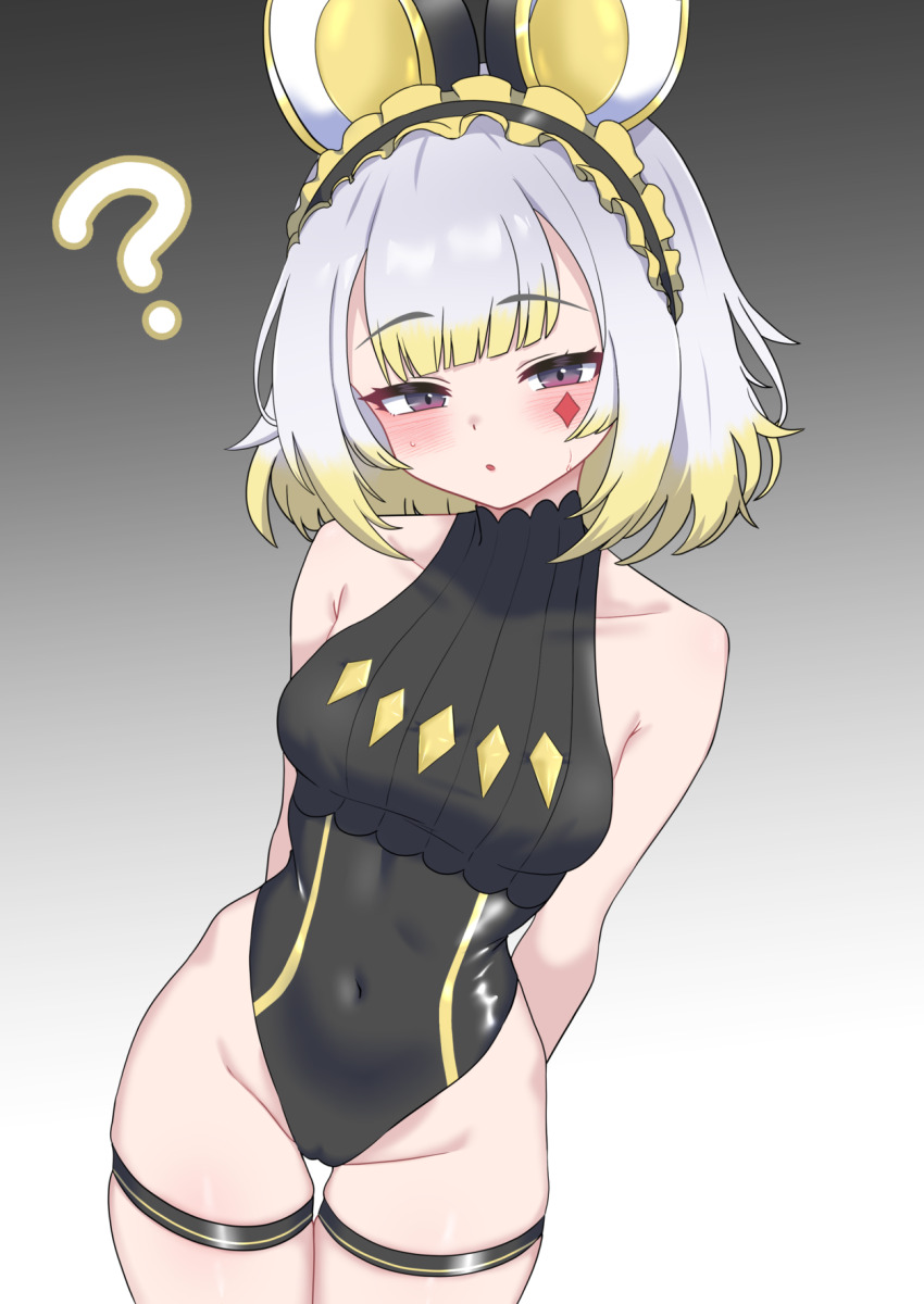 1girl :o ? animal_ears arms_behind_back black_hairband black_leotard blonde_hair blush breasts commentary_request covered_navel diamond_(shape) duel_monster facial_mark frilled_hairband frills gradient_background gradient_hair grey_background grey_hair groin hairband heattech_leotard highleg highleg_leotard highres leotard looking_at_viewer maliss_&lt;p&gt;_dormouse mark_under_eye medium_breasts mouse_ears multicolored_hair oldsickkim open_mouth short_hair skindentation sleeveless_turtleneck_leotard solo thigh_gap thigh_strap thighs turtleneck yu-gi-oh!