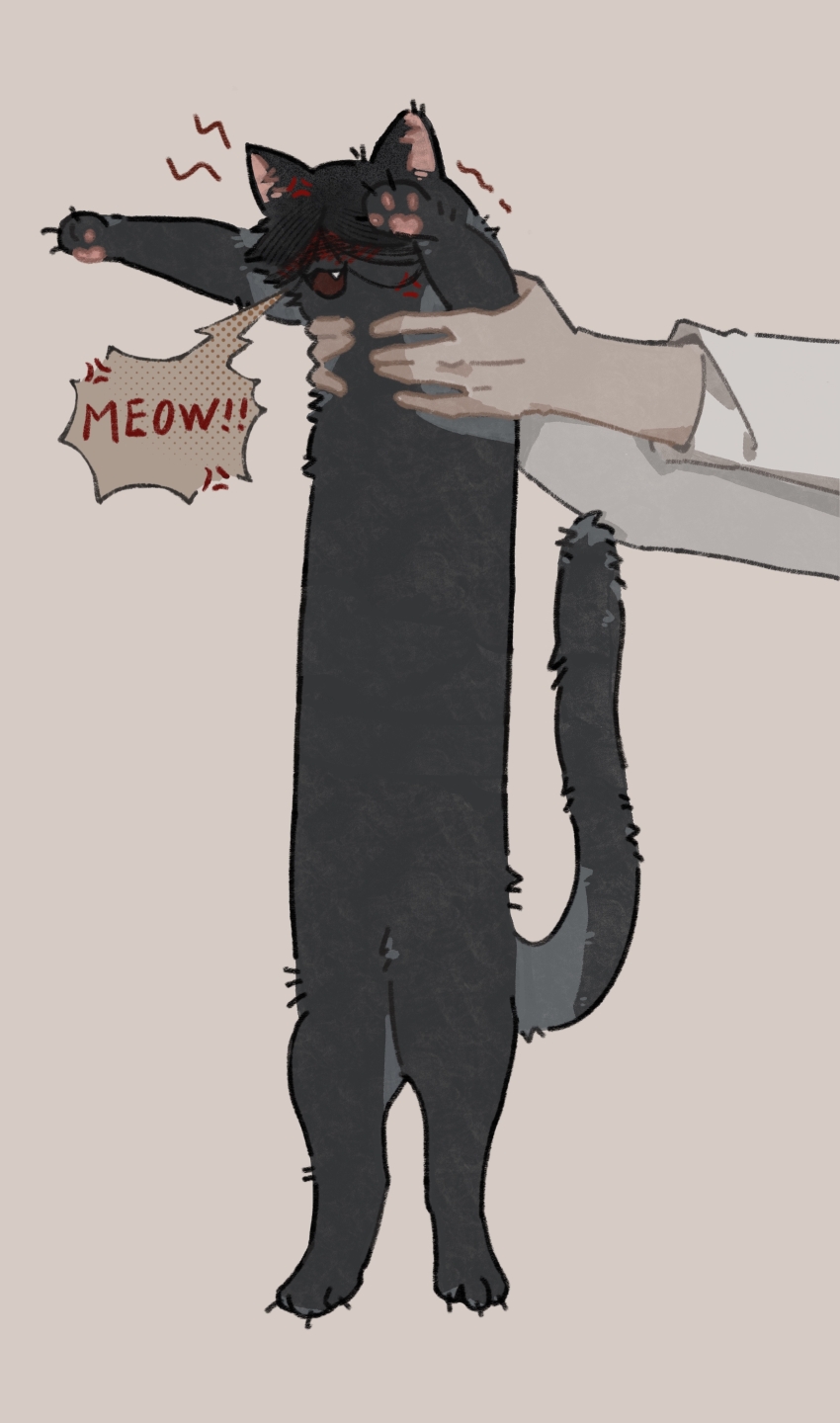 1girl absurdres animal animal_focus animalization black_cat blood blood_on_face brown_background cat english_text full_body heroine_(homicipher) highres holding holding_animal homicipher longcat_(meme) meme meowing mr._crawling simple_background yimeidesu430