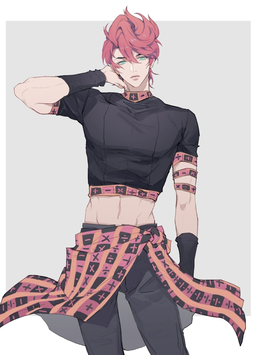 1boy abs armband belt black_pants black_shirt blue_eyes choker contrapposto cowboy_shot crop_top earrings genderswap genderswap_(ftm) green_eyes highres jewelry jojo_no_kimyou_na_bouken looking_at_viewer male_focus midriff navel pants pink_hair shirt short_hair short_sleeves simple_background solo trish_una wristband youamo