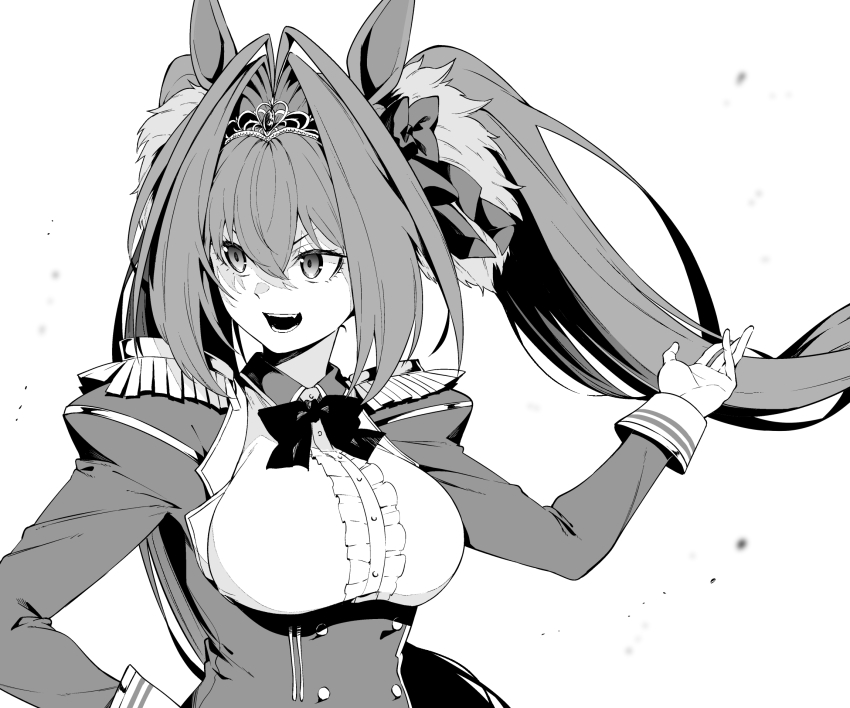 1girl animal_ears bow breasts daiwa_scarlet_(umamusume) epaulettes greyscale hair_intakes hand_on_own_hip highres horse_ears large_breasts long_hair medium_breasts monochrome open_mouth smile solo tiara tsukamoto_minori twintails umamusume upper_body