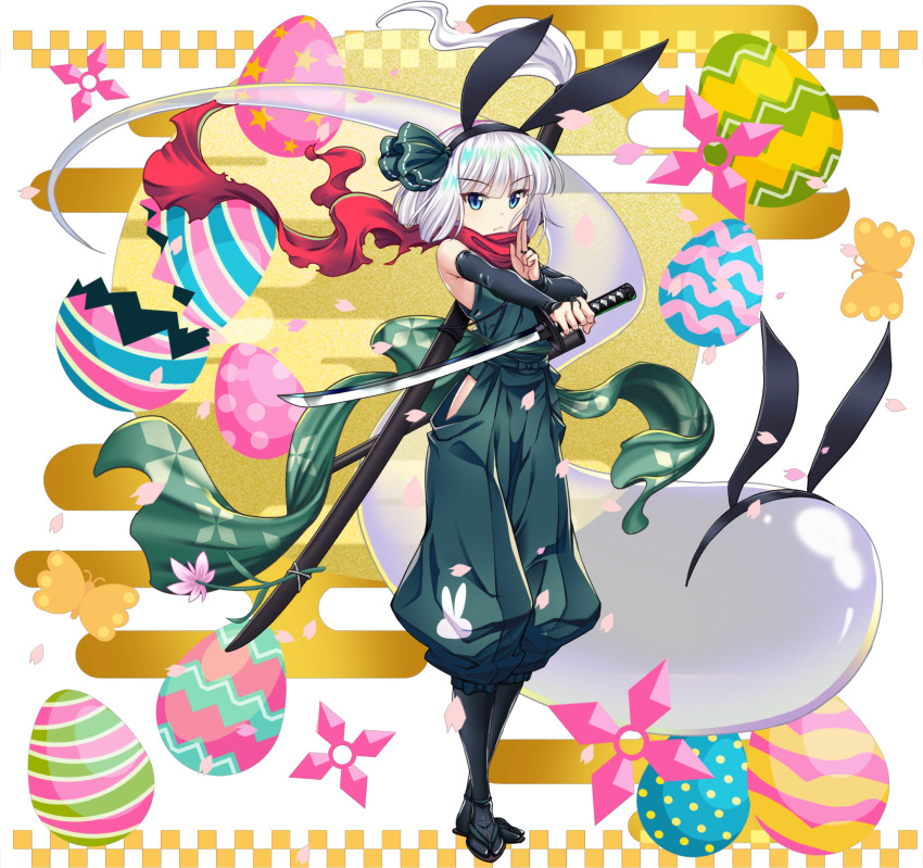 1girl alternate_costume animal_ear_hairband animal_ears animal_print black_hairband blue_eyes bridal_gauntlets bug butterfly closed_mouth clothing_cutout easter_egg egasumi egg elbow_gloves fake_animal_ears falling_petals fingerless_gloves full_body game_cg gloves green_kimono green_pants grey_hair hairband highres hip_vent hitodama holding holding_sword holding_weapon insect japanese_clothes katana kimono konpaku_youmu konpaku_youmu_(bunny_ninja_spirit) konpaku_youmu_(ghost) kuji-in looking_at_viewer medium_hair multiple_swords ninja ninjatou official_art pants petals pink_petals puffy_pants rabbit_ears rabbit_print red_scarf rotte_(1109) scarf sheath sheathed short_sword shuriken side_cutout solo standing star_(symbol) star_print sword third-party_source touhou touhou_lostword transparent_background unsheathed weapon