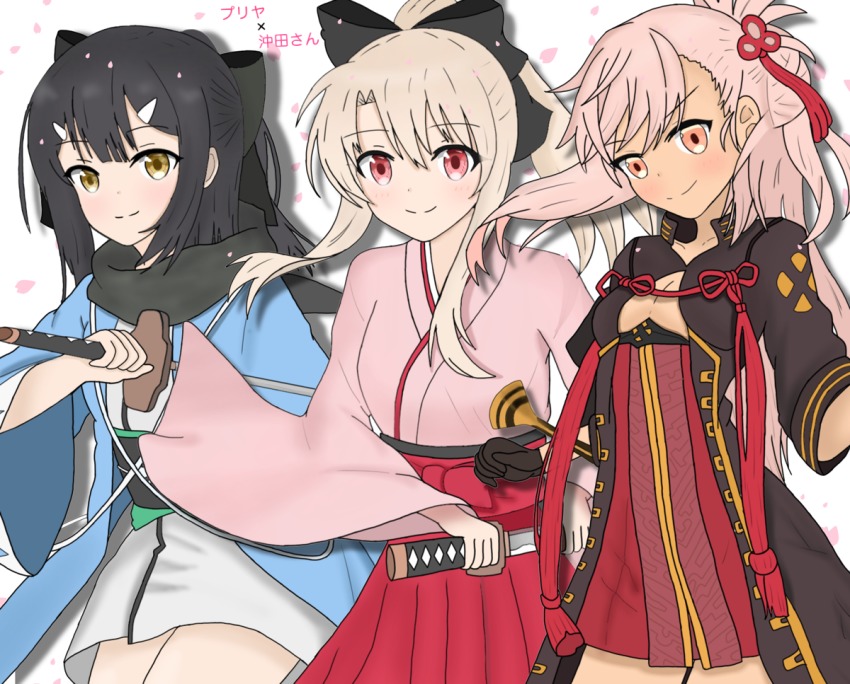 3girls atsumisu bad_id bad_pixiv_id black_bow black_gloves black_hair black_jacket black_scarf blonde_hair blush bow breasts brown_eyes character_name chloe_von_einzbern cleavage closed_mouth collarbone commentary_request cosplay cowboy_shot dress fate/grand_order fate/kaleid_liner_prisma_illya fate_(series) folded_ponytail gloves hair_between_eyes hair_bow hair_ornament hairclip hakama hakama_skirt haori head_tilt high_ponytail holding holding_sheath holding_sword holding_weapon illyasviel_von_einzbern jacket japanese_clothes katana kimono koha-ace long_hair long_sleeves looking_at_viewer miyu_edelfelt multiple_girls obi okita_souji_(fate) okita_souji_(koha-ace) okita_souji_(koha-ace)_(cosplay) okita_souji_alter_(fate) okita_souji_alter_(fate)_(cosplay) petals pink_hair pink_kimono ponytail red_bow red_dress red_eyes red_hakama sash scarf shadow sheath short_kimono short_sleeves sidelocks simple_background skirt small_breasts smile sword tassel translation_request unsheathing weapon white_background white_kimono wide_sleeves