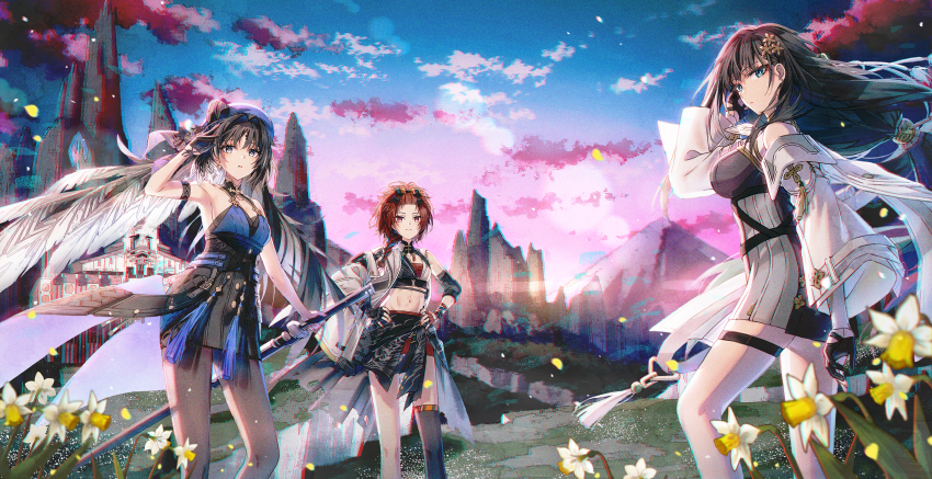 3girls arm_strap asymmetrical_gloves baizhi_(wuthering_waves) bandaged_chest bangs_pinned_back bare_shoulders beret black_bow black_collar black_dress black_eyes black_gloves black_hair black_pantyhose black_skirt black_thighhighs blue_hair blue_hat blue_shirt blue_sky bow breasts bright_pupils chest_sarashi chixia_(wuthering_waves) chromatic_aberration cleavage closed_mouth clothes_around_waist collar collarbone commentary cowboy_shot detached_sleeves dress feather_hair film_grain glove_cutout gloves gradient_sky green_eyes hair_intakes hakusai_(tiahszld) half_gloves hand_up hands_on_own_hips hat hat_bow highres holding holding_sword holding_weapon jacket large_breasts long_hair looking_at_viewer medium_breasts mountainous_horizon multiple_girls navel outdoors pantyhose parted_lips purple_sky red_eyes red_gloves red_hair red_shorts sarashi scabbard sheath sheathed shirt shorts single_glove single_thighhigh skirt sky smile standing stomach sword symbol-only_commentary tacet_mark_(wuthering_waves) thigh_strap thighhighs very_long_hair weapon white_jacket white_pupils white_sleeves wuthering_waves yangyang_(wuthering_waves)