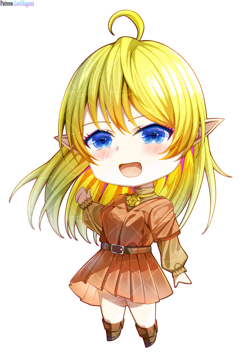 absurdres belt blonde_hair blue_eyes chibi commission commissioner_upload dress elf flat_chest highres jewelry long_hair lori_hagami lotte_farona necklace official_art orange_dress orange_shirt orange_skirt pointy_ears shirt skirt ways_of_darkness_(series)