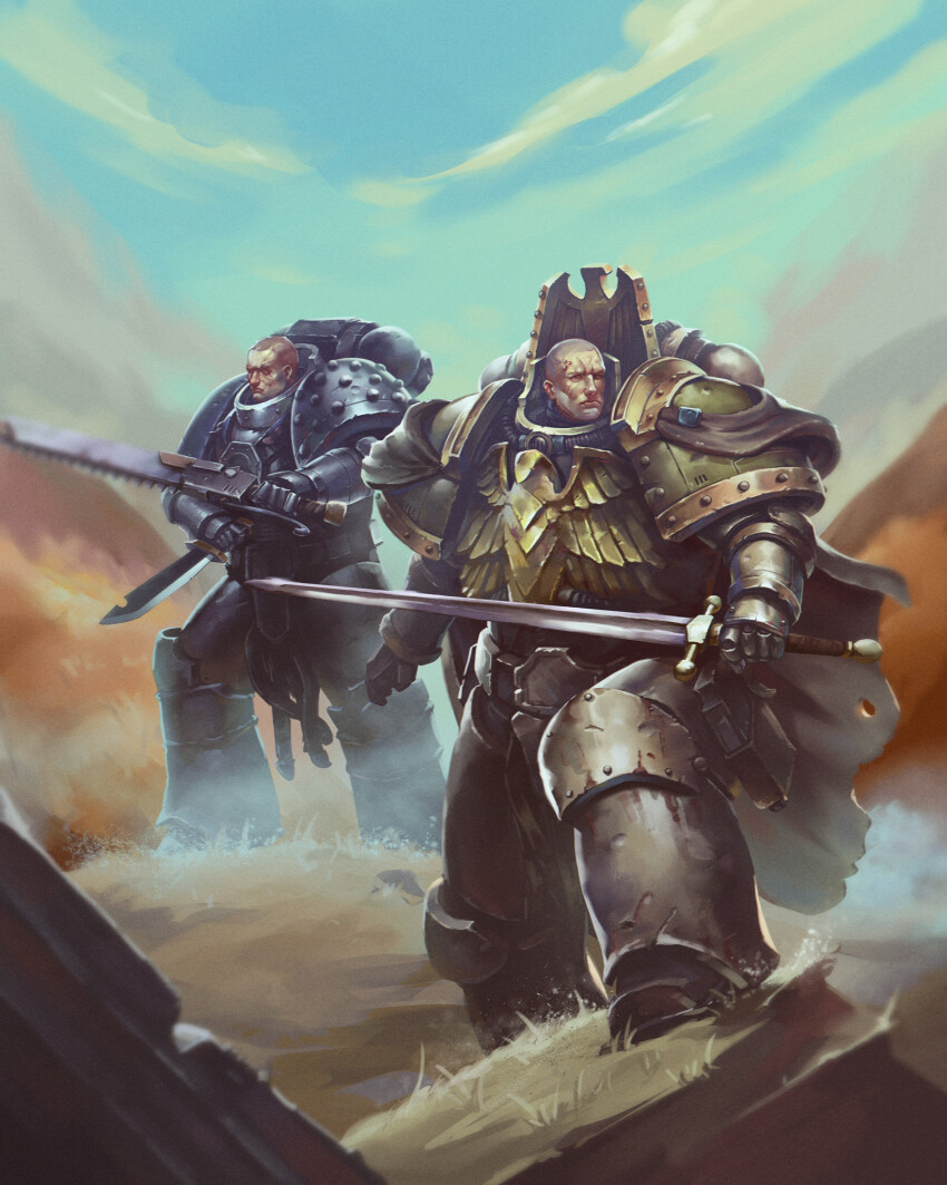2boys adeptus_astartes armor armored_boots asymmetrical_dual_wielding bald belt belt_bag bird black_armor blue_sky blurry_edges boots breastplate chainsaw chainsword closed_mouth cloud commentary death_guard dual_wielding eagle english_commentary full_body garviel_loken gauntlets grass greaves green_armor grey_armor grey_cloak grohgrog highres hill holding holding_chainsaw holding_knife holding_sword holding_weapon imperial_aquila knife luna_wolves male_focus multiple_boys nathaniel_garro no_headwear outdoors pauldrons pelvic_curtain power_armor pteruges rock scar serious shaved_head shoulder_armor sky sword tube vambraces warhammer_40k weapon