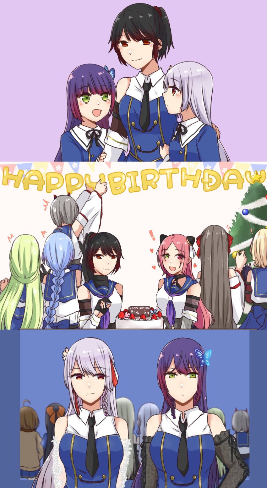 ! 6+girls :d ^^^ aged_down ahoge alternate_hair_length alternate_hairstyle arm_at_side arms_at_sides arms_up assault_lily bare_shoulders birthday_cake black_gloves black_hair black_necktie black_ribbon black_shirt blue_background blue_hair blue_jacket blue_sailor_collar blue_shirt blue_skirt blush border bow braid braided_ponytail breasts brown_cardigan brown_hair butterfly_hair_ornament cake cardigan christmas_tree closed_mouth clothes_grab collared_shirt commentary cross-laced_clothes cross-laced_sleeves decorating detached_sleeves facing_away flower food fruit fujita_asagao funada_kiito funada_ui gloves green_eyes green_hair grey_hair grey_shirt hair_bow hair_bun hair_flower hair_ornament hair_ribbon hairpods half_gloves halo hand_on_another&#039;s_arm hand_on_another&#039;s_back hand_on_own_hip hand_up happy_birthday headphones headphones_around_neck heart heterochromia high_ponytail highres horns igusa_subaru imamura_yukari_(assault_lily) jacket juliet_sleeves kawabata_hotaru kawamura_yuzuriha kon_kanaho kozue_west lace_sleeves large_breasts layered_sleeves light_smile long_hair long_sleeves looking_at_another looking_at_viewer looking_down looking_to_the_side looking_up low_twintails mechanical_halo medium_breasts midriff_peek miniskirt miyagawa_takane mole mole_under_eye mole_under_mouth multiple_girls multiple_views nagasawa_yuki_(assault_lily) neck_ribbon necktie nigari_(ngari_0115) odaiba_girls_high_school_uniform open_mouth orange_bow outstretched_arms parted_bangs pennant pink_flower pleated_skirt ponytail profile puffy_sleeves purple_background purple_eyes purple_hair purple_ribbon red_eyes red_hair red_horns red_ribbon ribbon sailor_collar school_uniform see-through_clothes see-through_sleeves serafuku shiba_tomoshibi shirt short_hair short_ponytail siblings side-by-side side_braid sideways_glance simple_background single_braid single_hair_bun sisters skirt sleeveless sleeveless_shirt smile standing strawberry strawberry_shortcake string_of_flags tassel tassel_hair_ornament translated tsukioka_momiji twintails two-tone_shirt undershirt upper_body very_long_hair white_background white_ribbon white_shirt
