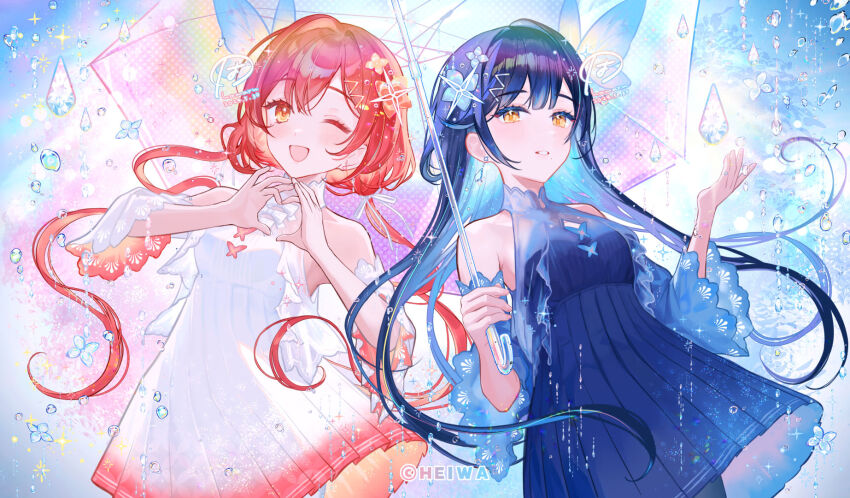 2girls ;d animal_print bare_shoulders black_pantyhose blue_dress blue_hair blue_sleeves blue_vest bow breasts butterfly_print colored_inner_hair copyright_name dated detached_sleeves diamond_(shape) dress earrings flower gradient_clothes gradient_dress hair_flower hair_ornament hamaru_log haruluna heart heart_hands high-waist_dress highres jewelry kirishima_haru kirishima_luna light_blue_hair long_hair long_sleeves low_twintails medium_breasts multicolored_hair multiple_girls one_eye_closed open_mouth pantyhose parted_lips pleated_dress rain red_hair shared_umbrella single_hair_intake smile sparkle sparkling_eyes twintails umbrella very_long_hair vest white_bow white_pantyhose white_sleeves white_vest wide_sleeves yellow_eyes