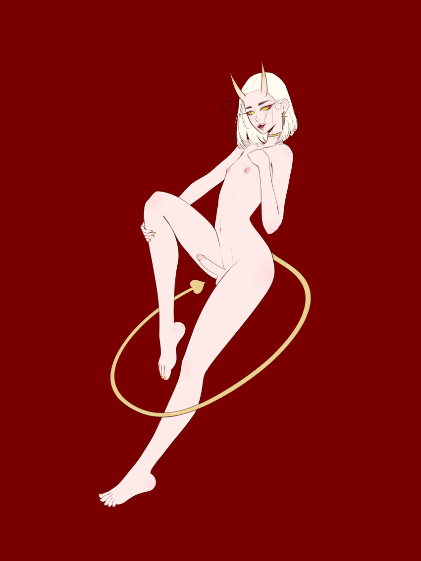 1boy absurdres albino barefoot blush copyright_request demon_horns demon_tail erection fang highres horns makeup male_focus non-web_source only penis red_background short_hair solo standing tail testicles trap white_hair