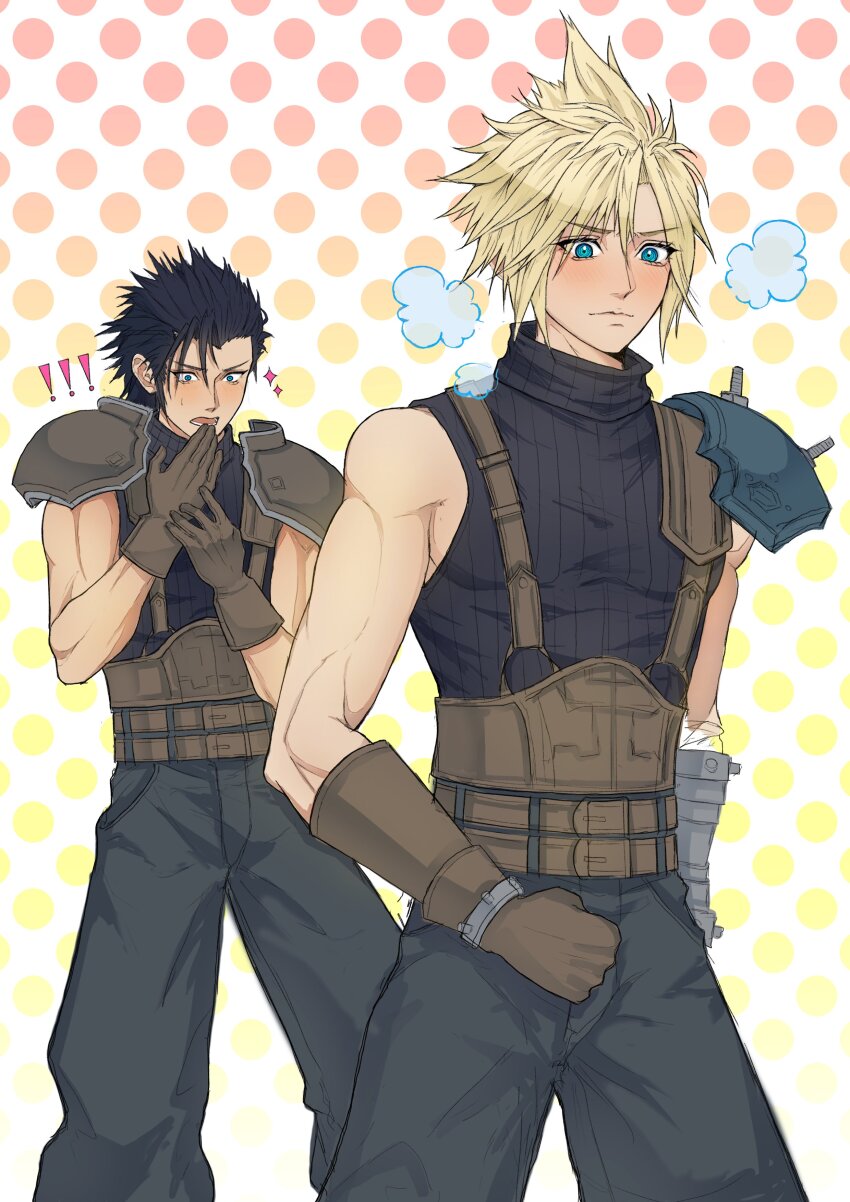 ! !! 2boys absurdres aqua_eyes armor baggy_pants bandaged_arm bandages belt black_hair blonde_hair blue_shirt blush brown_belt brown_gloves clenched_hand cloud_strife cowboy_shot final_fantasy final_fantasy_vii final_fantasy_vii_remake furrowed_brow gloves grey_pants hair_slicked_back hand_to_own_mouth highres male_focus messa_mo multiple_belts multiple_boys muscular muscular_male pants polka_dot polka_dot_background shirt shoulder_armor sideburns single_bare_shoulder single_shoulder_pad sleeveless sleeveless_turtleneck sparkle spiked_hair suspenders turtleneck walking wide-eyed yaoi zack_fair