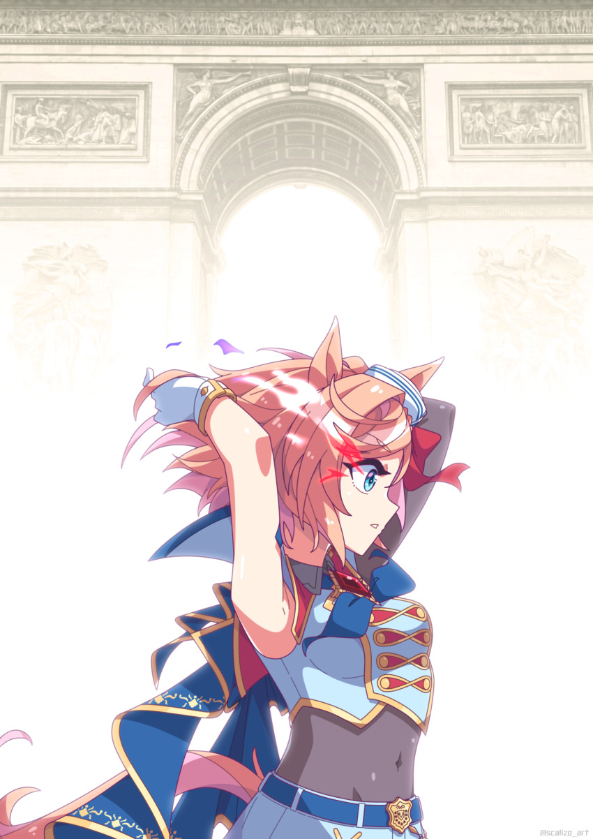 1girl animal_ears armpits arms_up belt blue_eyes blush breasts cape commentary covered_navel gloves glowing glowing_eye hat highres horse_ears horse_tail looking_at_viewer medium_breasts midriff navel scalizo simple_background solo tail umamusume uniform venus_paques_(umamusume) white_hat