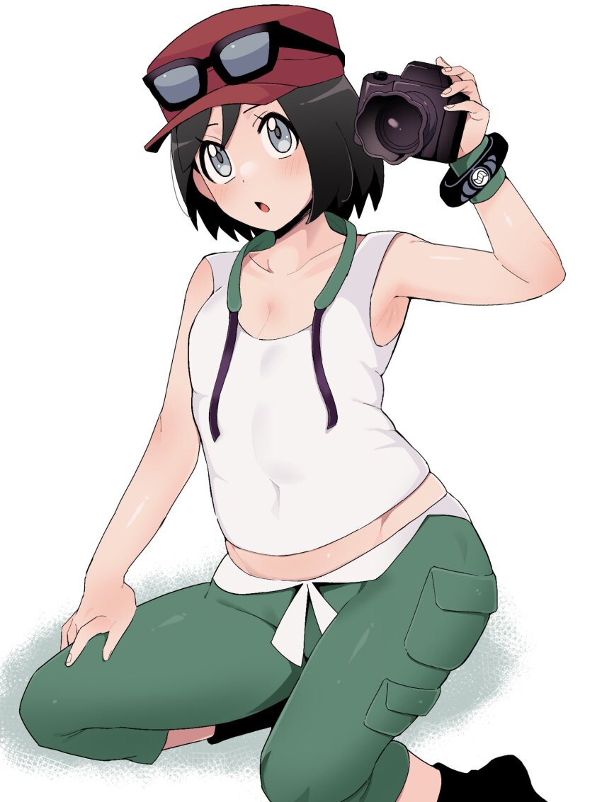 1boy :o black-framed_eyewear black_hair black_socks bracelet calem_(pokemon) camera collarbone commentary_request cosplay eyewear_on_headwear game_freak green_pants grey_eyes hand_on_own_thigh hat highres holding holding_camera jewelry male_focus nintendo open_mouth pants pokemon pokemon_xy red_hat sana_(37pisana) shirt short_hair simple_background sleeveless sleeveless_shirt socks solo sunglasses viola_(pokemon) viola_(pokemon)_(cosplay) white_background white_shirt wristband