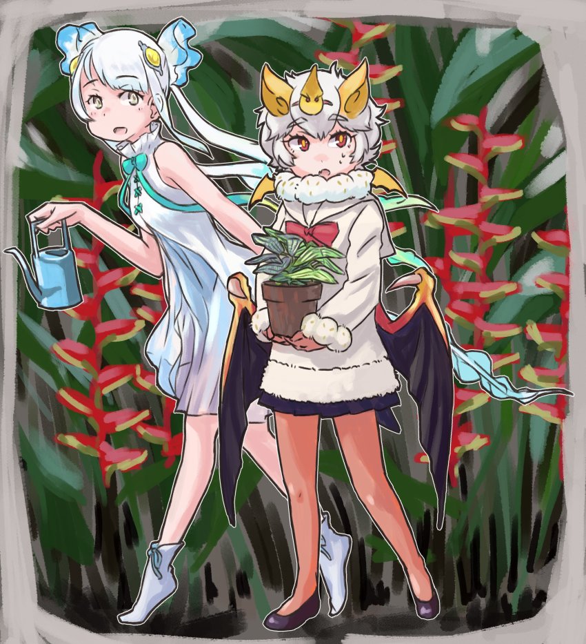 2girls absurdres animal_ears bat_ears bat_girl bat_wings black_footwear black_skirt blonde_hair blue_hair blue_neckwear boots bow bowtie collar dress flats frilled_collar frills fur_collar fur_trim gradient_hair high_collar highres honduran_white_bat_(kemono_friends) jacket kemono_friends long_hair long_sleeves multicolored_hair multiple_girls orange_eyes pantyhose plant pleated_skirt potted_plant red_legwear red_neckwear sailor_collar short_hair skirt skyfish_(kemono_friends) sleeveless tiptoes toriny twintails watering_can white_dress white_footwear white_fur white_hair white_jacket wings yellow_eyes