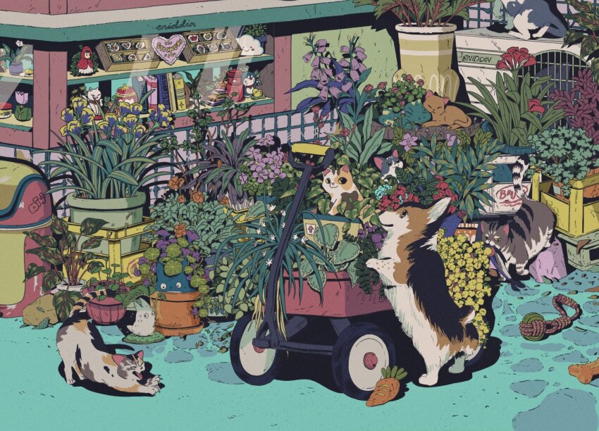 animal animal_focus box carrot cat chocolate commentary complex_exterior creature dog doll english_commentary english_text eniddin flower food leaf no_humans original pet_toy plant potted_plant purple_flower sitting sleeping smile sweat tonari_no_totoro totoro toy trash_can wagon window yellow_flower