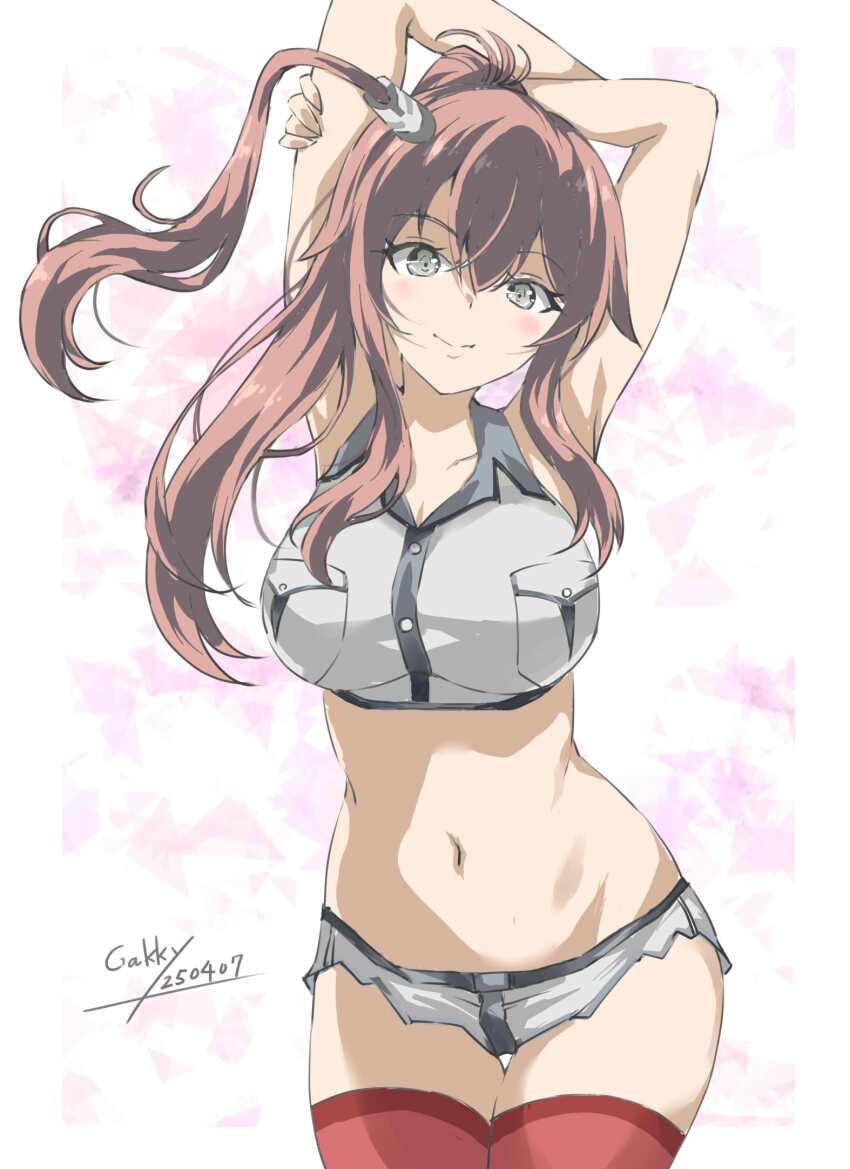 1girl adapted_costume arms_behind_head blue_eyes breast_pocket breasts brown_hair cowboy_shot crop_top gakky grey_shirt grey_shorts high_side_ponytail highres kantai_collection large_breasts long_hair looking_at_viewer midriff navel pocket ponytail red_thighhighs saratoga_(kancolle) saratoga_mk_ii_(kancolle) shirt short_shorts shorts side_ponytail sleeveless sleeveless_shirt smokestack_hair_ornament solo thighhighs torn_clothes