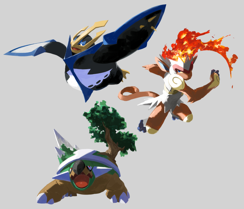absurdres blue_eyes claws commentary_request empoleon fire gen_4_pokemon grey_background highres infernape kochi8i nintendo open_mouth pokemon pokemon_(creature) simple_background spikes standing tongue torterra