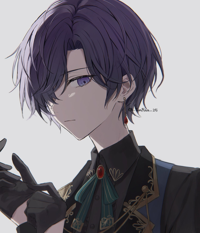1girl adjusting_clothes adjusting_gloves androgynous asahina_mafuyu black_gloves black_shirt blue_vest brooch closed_mouth collared_shirt colored_lapels earrings epaulettes expressionless gem gloves green_ribbon grey_background hair_over_one_eye half_gloves hands_up highres jewelry lapels looking_at_viewer neck_ribbon notched_lapels official_alternate_costume official_alternate_hair_length official_alternate_hairstyle ouji_fashion parted_hair portrait project_sekai purple_eyes purple_hair red_gemstone relax_teatime_(project_sekai) ribbon seina1211 shirt short_hair sideways_glance simple_background single_epaulette solo third-party_source tsurime twitter_username vest
