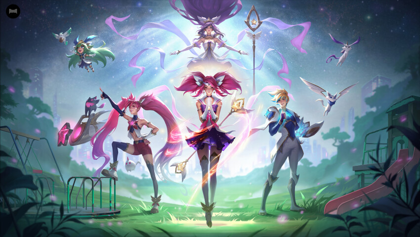 1boy 4girls absurdres arm_up bare_shoulders black_gloves black_pantyhose blonde_hair blue_eyes blue_gloves breasts brooch choker city closed_eyes commentary earrings elbow_gloves english_commentary ezreal fingerless_gloves flat_chest floating floating_hair flying foritis_wang gloves grass green_eyes green_hair gun hair_between_eyes hair_ornament hand_on_own_hip high_ponytail highres jacket janna_(league_of_legends) jewelry jinx_(league_of_legends) leaf league_of_legends league_of_legends:_wild_rift light long_hair looking_up lulu_(league_of_legends) lux_(league_of_legends) magic medium_breasts multiple_girls navel neckerchief night night_sky official_art outdoors outstretched_arms own_hands_together pants pantyhose parted_lips pink_hair playground pointing pointing_up ponytail purple_eyes purple_hair purple_neckerchief purple_skirt red_eyes red_hair red_shorts short_hair shorts single_elbow_glove single_glove skirt sky smile staff standing star_(sky) star_guardian_(league_of_legends) star_guardian_ezreal star_guardian_janna star_guardian_jinx star_guardian_lulu star_guardian_lux star_guardian_pet starry_sky stomach swept_bangs tree twintails very_long_hair weapon white_footwear white_jacket white_pants white_pantyhose