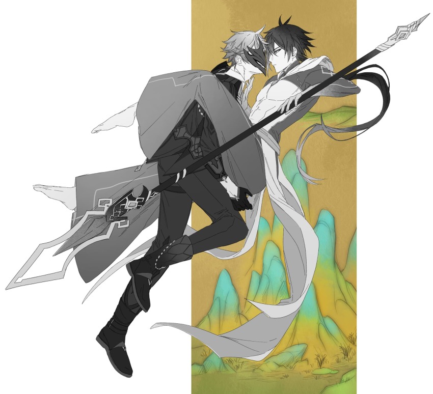 2boys barefoot genshin_impact greyscale holding holding_weapon huachenchenchen leg_on_another&#039;s_shoulder mask masked masked_male monochrome mountain multiple_boys rex_lapis_(genshin_impact) tartaglia_(genshin_impact) vortex_vanquisher_(genshin_impact) weapon white_background yaoi zhongli_(archon)_(genshin_impact) zhongli_(genshin_impact)