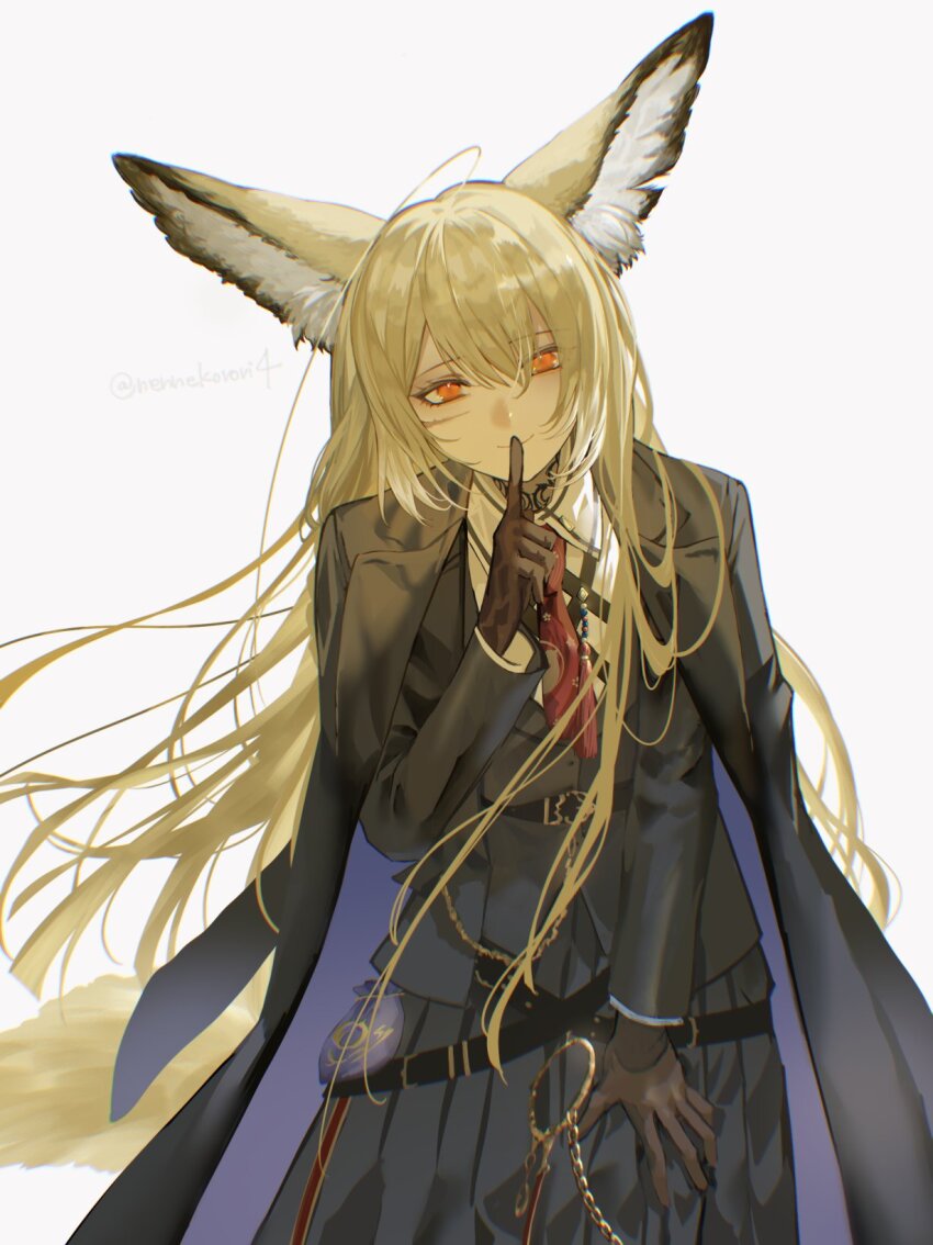 1girl animal_ears arknights black_coat black_jacket black_skirt blonde_hair brown_gloves coat coat_on_shoulders commentary finger_to_mouth fox_ears fox_girl fox_tail gloves highres jacket leaning_forward long_hair looking_at_viewer neckerchief nennekorori4 orange_eyes pleated_skirt red_neckerchief shirt simple_background skirt smile solo tail twitter_username vulpisfoglia_(arknights) white_background white_shirt