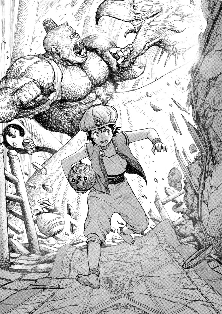 1boy aladdin_(disney) aladdin_(movie) animification barefoot commentary english_commentary genie genie_(aladdin) greyscale hatching_(texture) highres holding_lamp male_focus monochrome monster oil_lamp open_clothes open_mouth open_vest pants running sash vest wide-eyed y_naf