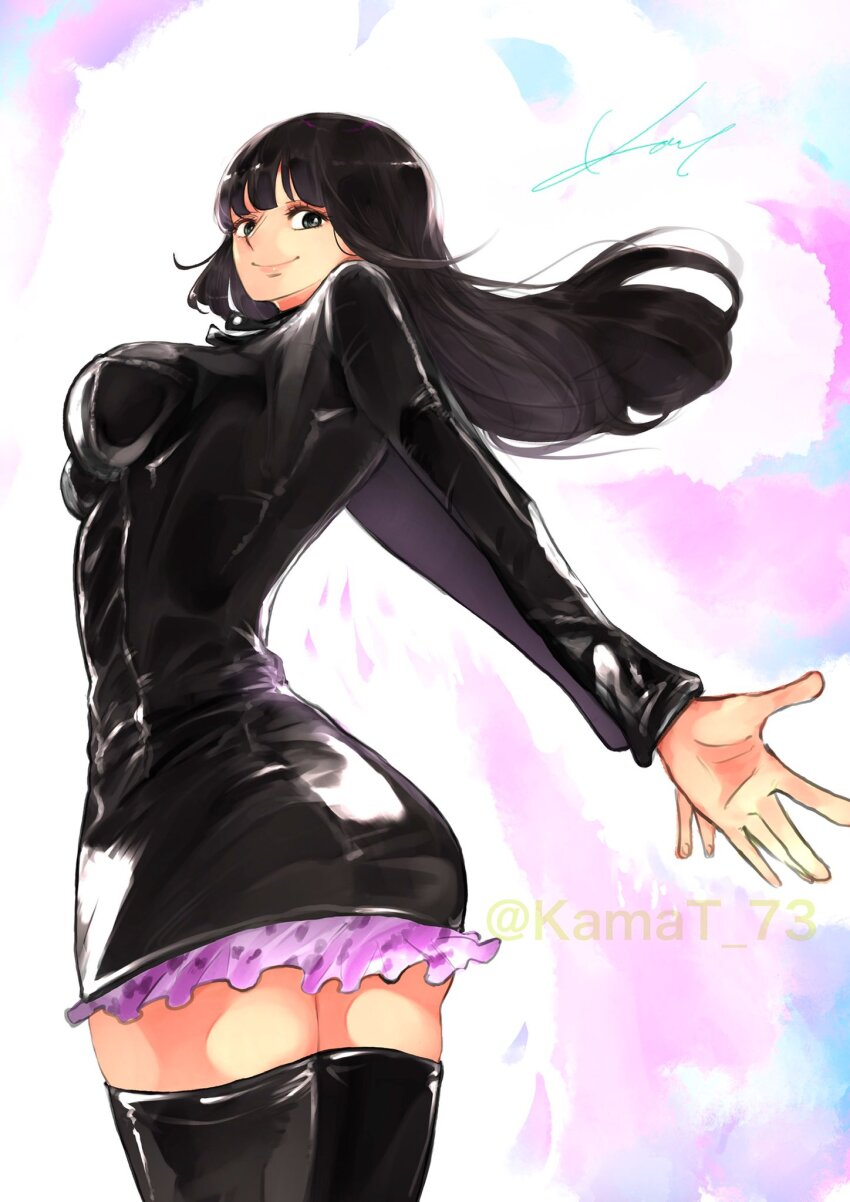 1girl black_boots black_dress black_hair blunt_bangs boots cowboy_shot dress from_below hashtag-only_commentary highres kamat_73 leather leather_dress long_hair long_sleeves looking_at_viewer nico_robin nico_robin_(water_7) one_piece outstretched_arms short_dress signature smile solo thigh_boots thighhighs twitter_username zettai_ryouiki