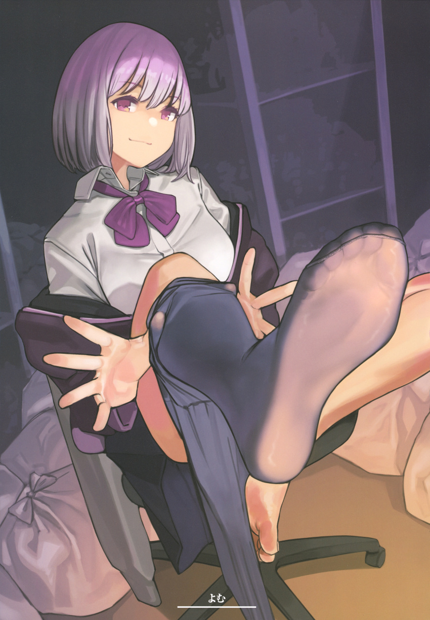 1girl absurdres bag breasts chair feet foot_focus garbage gradient_clothes gradient_hair gridman_universe highres large_breasts multicolored_hair pantyhose purple_hair red_eyes room shinjou_akane short_hair sitting smile soles ssss.gridman swivel_chair yomu_(sgt_epper)