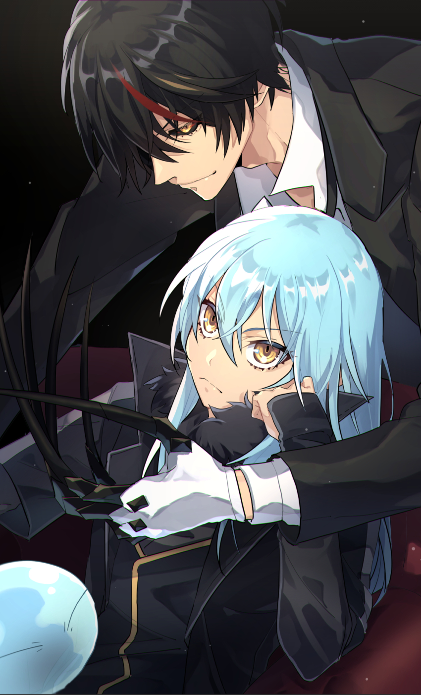 1boy 1other androgynous black_background black_coat black_hair black_jacket black_sclera blue_hair closed_mouth coat colored_sclera diablo_(tensura) frown gloves hair_between_eyes head_rest highres jacket long_hair long_sleeves ou_negi rimuru_tempest short_hair smile straight_hair tensei_shitara_slime_datta_ken v-shaped_eyebrows white_gloves yellow_eyes