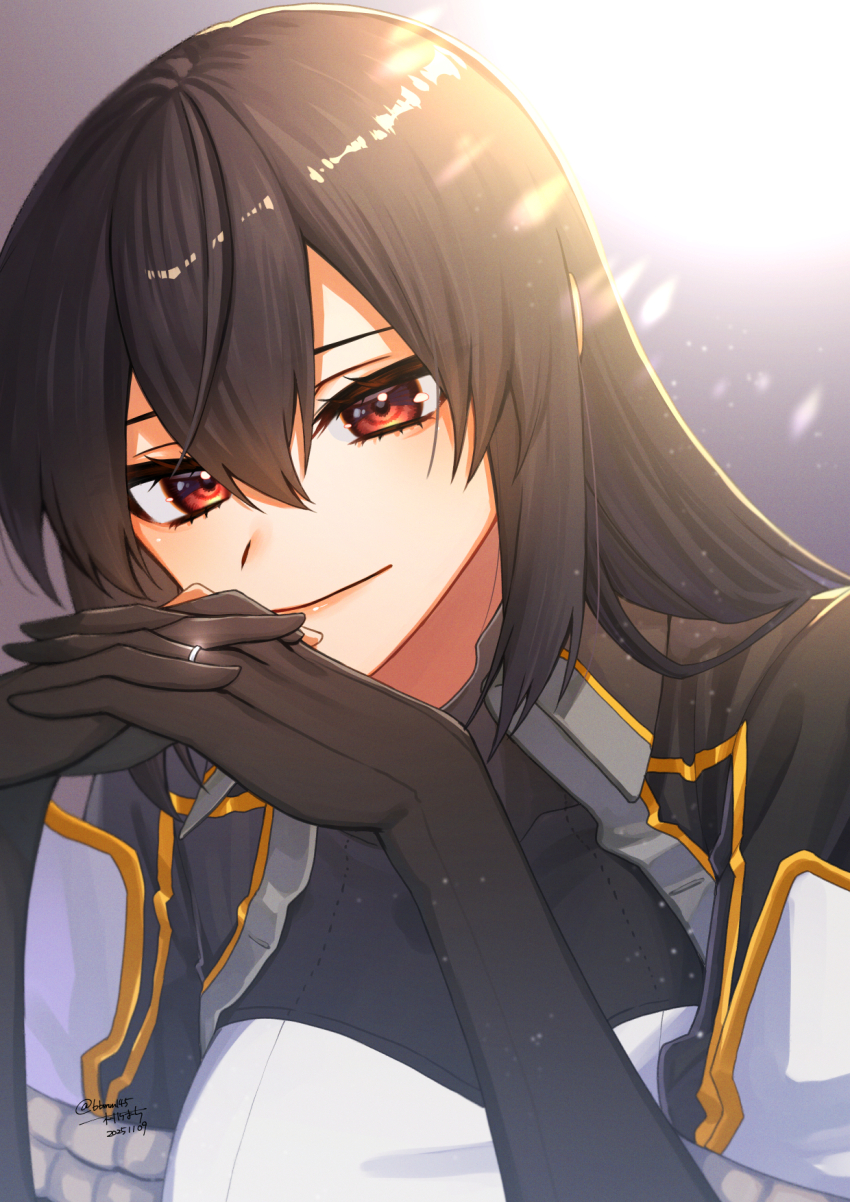 1girl black_gloves black_hair breasts closed_mouth commentary_request dated gloves hair_between_eyes highres jewelry kantai_collection long_hair machi_(ritovoyage) nagato_(kancolle) nagato_kai_ni_(kancolle) own_hands_together partially_fingerless_gloves red_eyes ring simple_background solo twitter_username upper_body wedding_ring