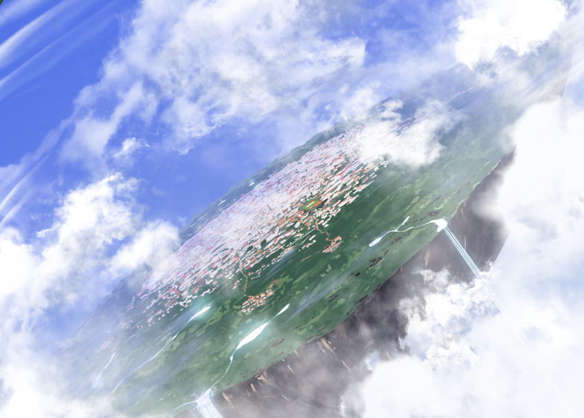 amairo_islenauts blue_sky city cloud commentary_request day dutch_angle floating_island from_above highres no_humans outdoors scenery shrimp_3 sky water waterfall