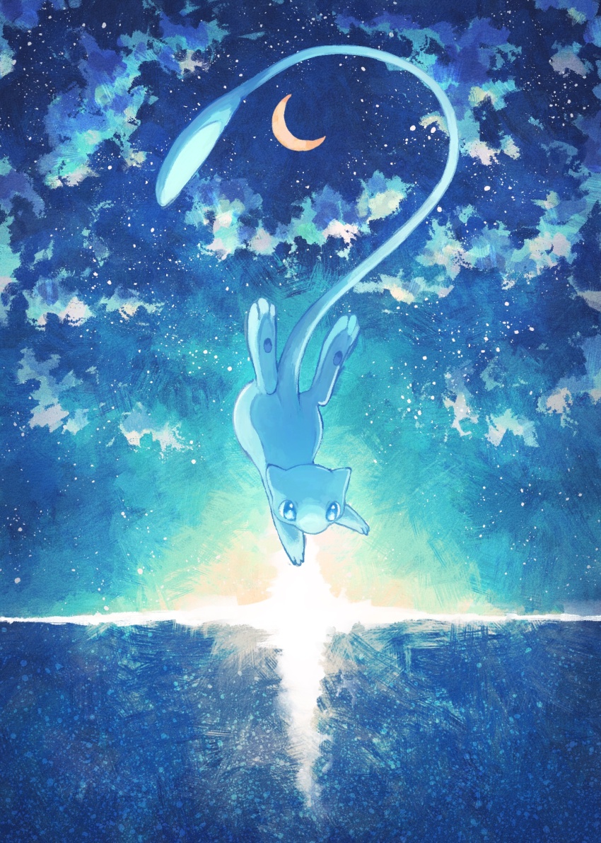 7_phi_3 alternate_color blue_eyes blue_fur crescent_moon full_body gen_1_pokemon highres legendary_pokemon mew_(pokemon) midair moon mythical_pokemon night nintendo no_humans official_alternate_color pokemon pokemon_(creature) shiny_pokemon
