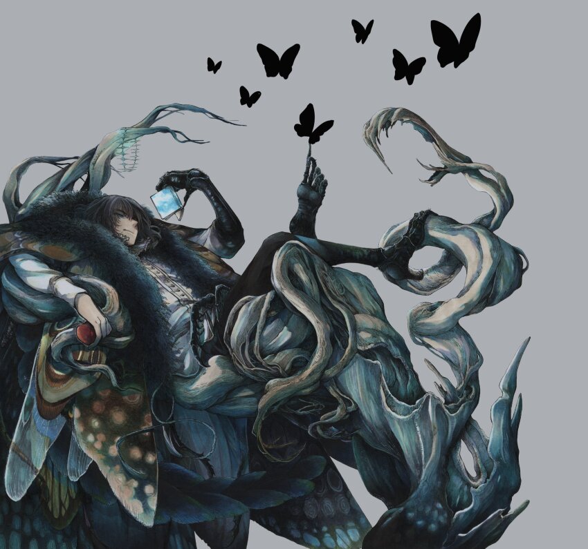 1boy apple arthropod_boy arthropod_limbs black_hair blue_eyes book bug butterfly cape crown fate/grand_order fate_(series) food fruit full_body fur-trimmed_cape fur_trim grey_background highres holding holding_book insect insect_wings long_sleeves male_focus mame_nabe_donko medium_hair oberon_(fate) oberon_(third_ascension)_(fate) pants shirt simple_background sitting solo tree unworn_crown white_shirt wing_cape wings