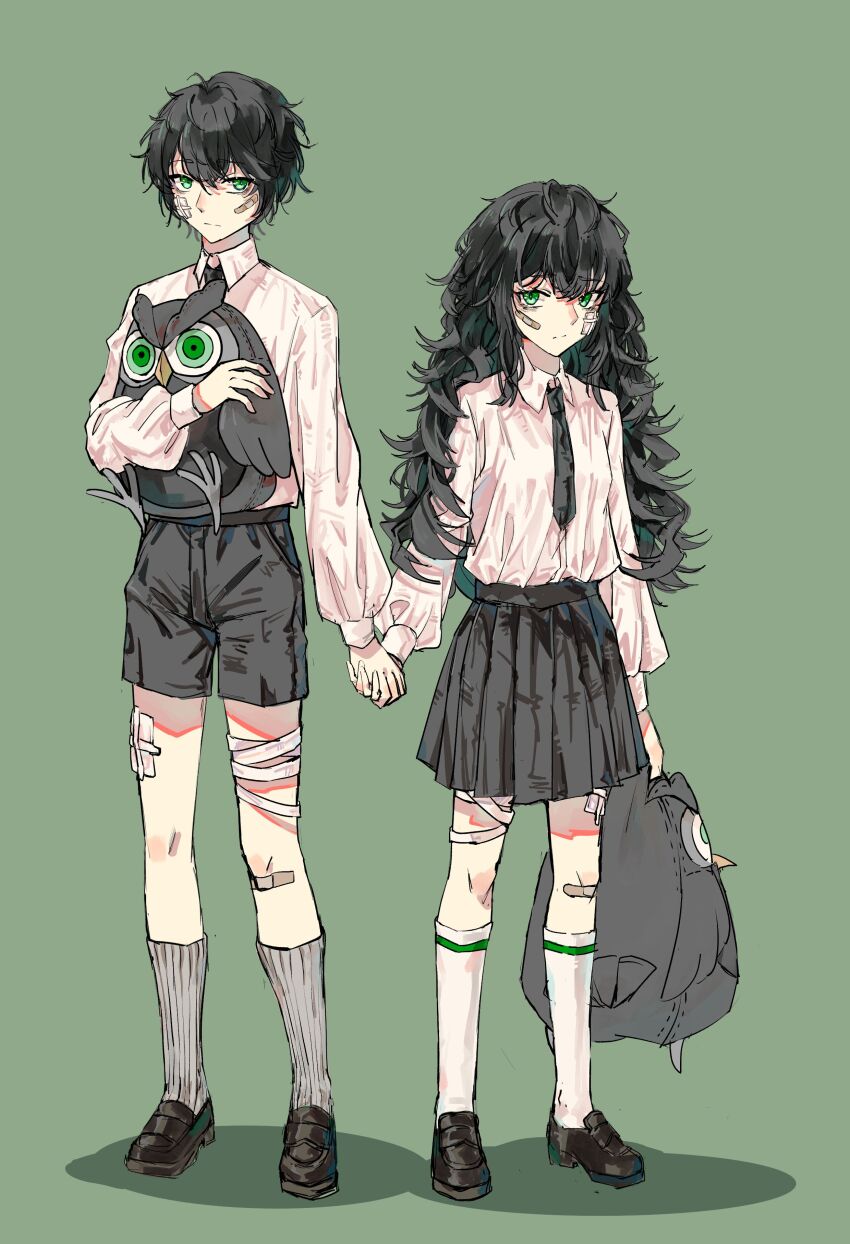 1boy 1girl absurdres bandage_on_cheek bandaged_leg bandages bandaid bandaid_on_cheek bandaid_on_face bandaid_on_leg black_footwear black_hair black_necktie black_shorts black_skirt collared_shirt degrees_of_lewdity dual_persona green_background green_eyes highres holding_hands kylar_(degrees_of_lewdity) kylar_(female)_(degrees_of_lewdity) kylar_(male)_(degrees_of_lewdity) long_sleeves messy_hair necktie shirt short_hair shorts simple_background skirt stuffed_animal stuffed_owl stuffed_toy wavy_hair white_shirt yaobuting