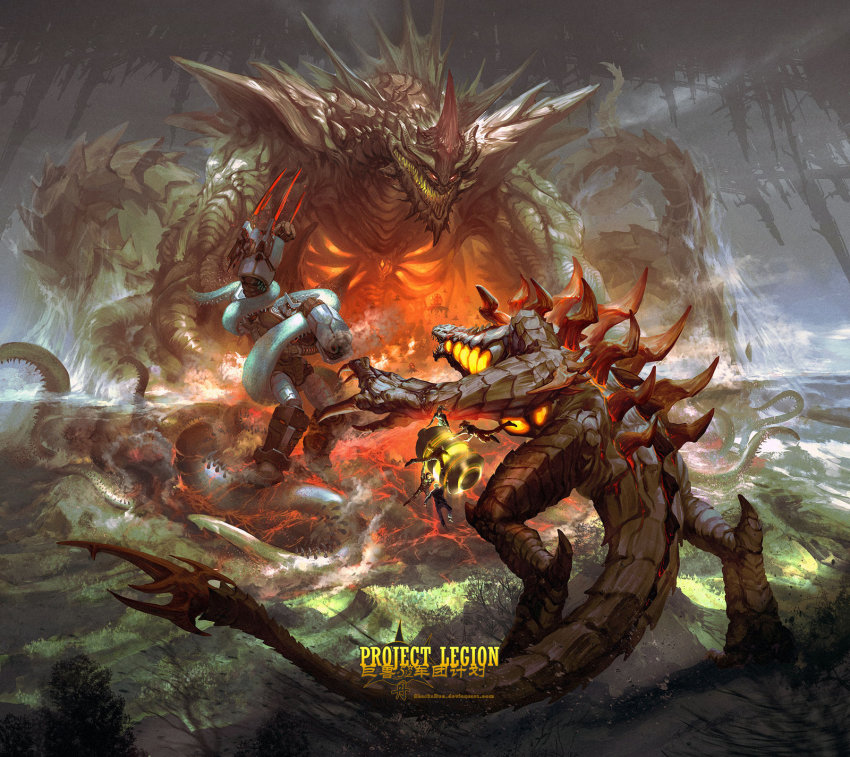 battle blood fighting forest giant giant_monster giant_robot glowing highres hyperion_(project_nemesis) kaiju legion_(project_nemesis) mecha monster nature nemesis_(project_nemesis) official_art project_legion project_nemesis_(series) robot sharksden tentacles