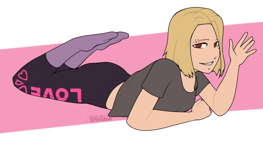 1girl artist_name ass black_survival blonde_hair blush breasts brown_eyes closed_mouth clothes_writing crop_top elbow_rest eternal_return:_black_survival eye_piercing feet_up full_body grey_shirt grin hart_floyd head_rest highres jewelry legs_up looking_at_viewer lying midriff on_side on_stomach pants pink_pants purple_pants purple_socks shirt short_hair short_sleeves simple_background smile socks solo t-shirt tank_top teeth the_pose triple_stabber white_background yoga_pants