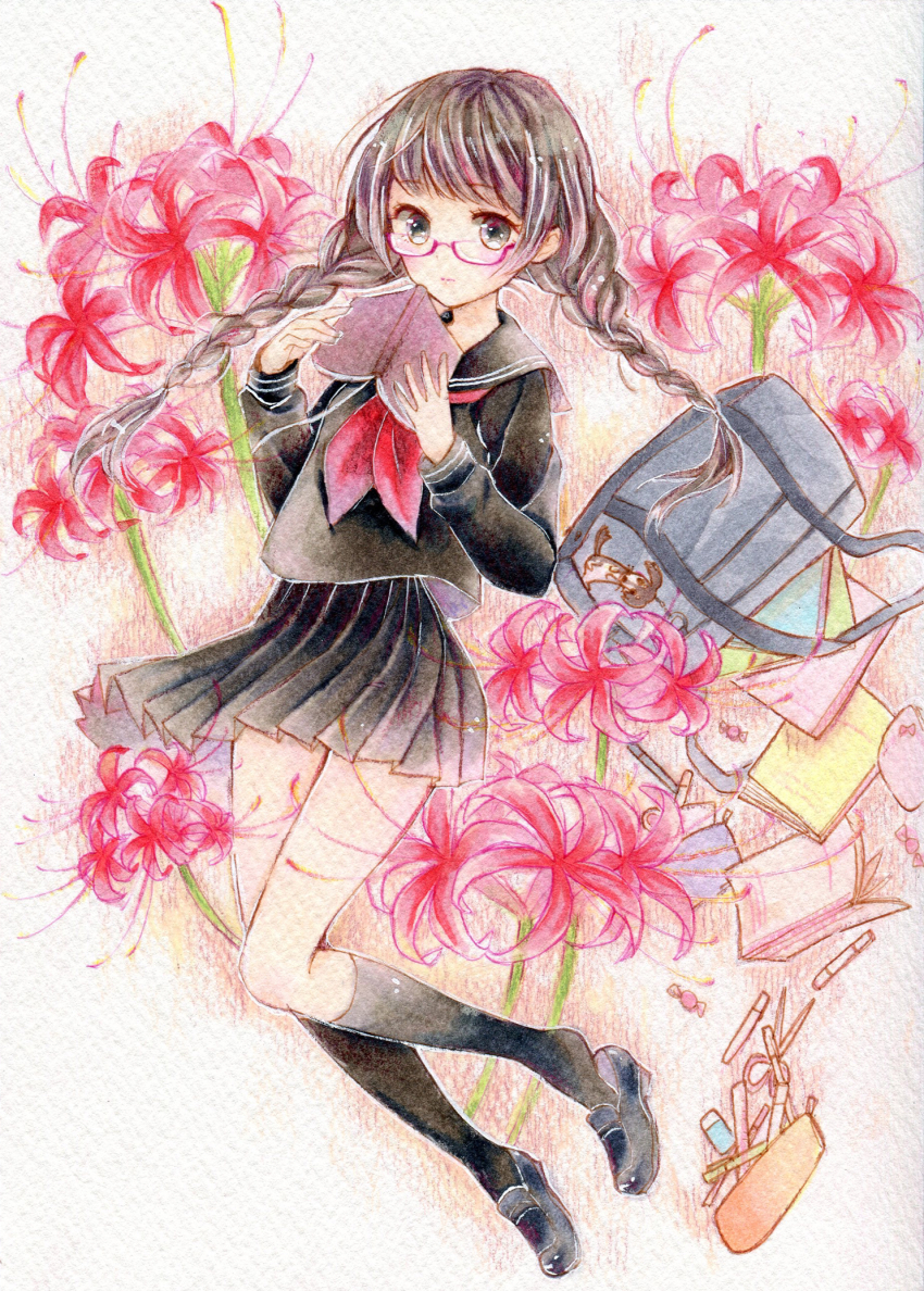 1girl amu_(m_aa) bag black_eyes black_hair black_serafuku black_shirt black_shoes black_skirt black_socks book braid closed_mouth commentary_request flower full_body glasses highres holding holding_book kneehighs loafers long_hair long_sleeves neckerchief original painting_(medium) pink-framed_eyewear pleated_skirt red_flower red_neckerchief sailor_collar sailor_shirt school_bag school_uniform semi-rimless_eyewear serafuku shirt shoes skirt socks solo spider_lily traditional_media twin_braids watercolor_(medium)