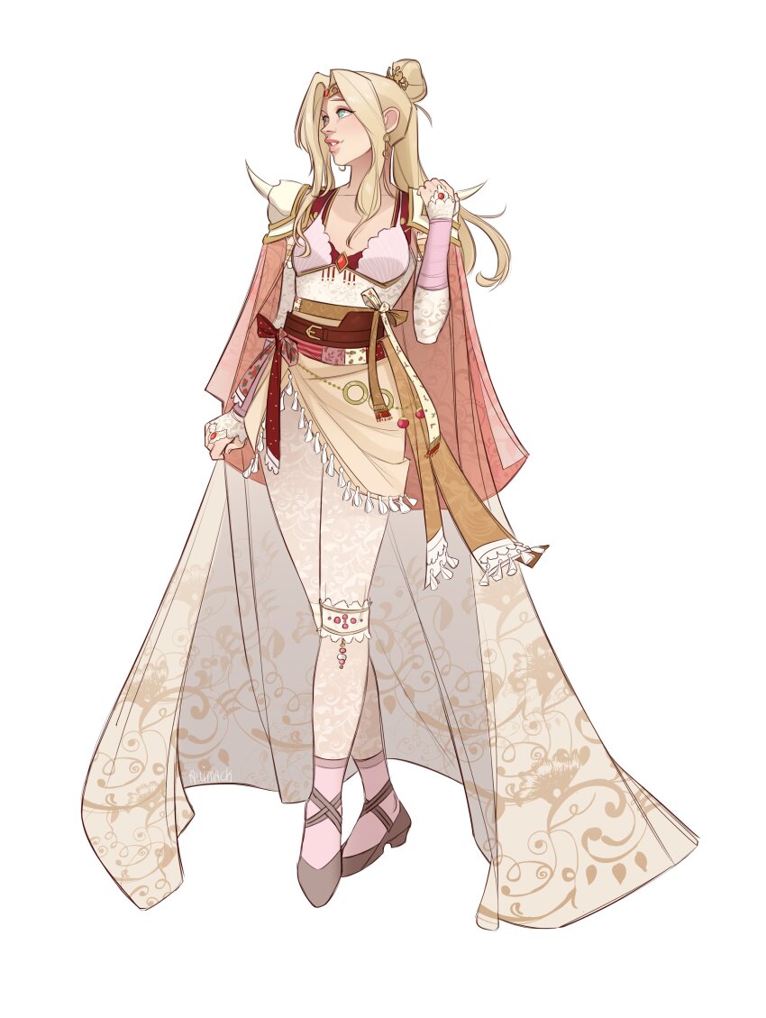 1girl absurdres armor blonde_hair breasts bridal_gauntlets cape earrings final_fantasy final_fantasy_iv full_body green_eyes hair_bun highres jewelry long_hair medium_breasts parted_bangs parted_lips ponytail rosa_farrell sash shoulder_armor shoulder_spikes sidelocks single_hair_bun skirtzzz solo spikes tiara waist_sash white_background