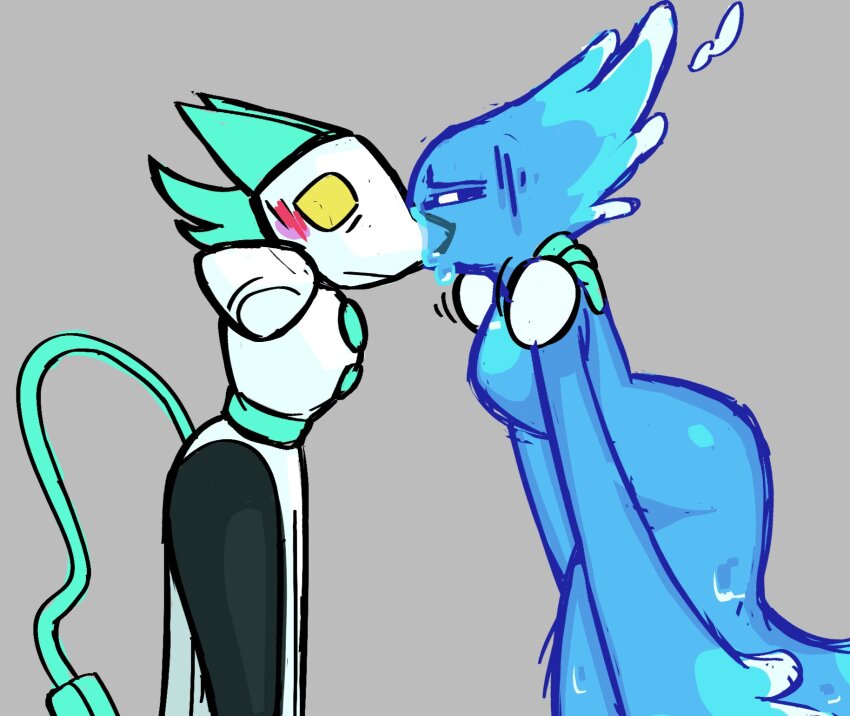 2girls animal_ears blue_hair cable cable_tail cat_ears cat_girl colored_sclera commentary deltarune electric_plug electric_plug_tail english_commentary freaky_frohicky furry furry_female hands_on_another&#039;s_shoulders highres kiss mechanical_tail miss_mizzle monster_girl multiple_girls rayman_limbs slime_girl tail tasque_manager water yellow_sclera yuri
