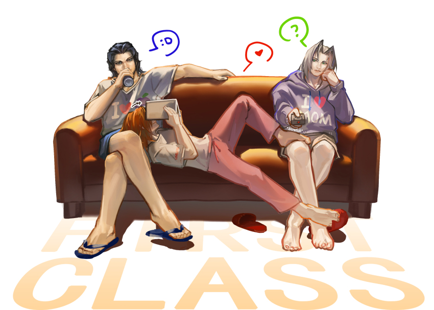+++ 3boys 96min69 alternate_costume angeal_hewley apple arm_up barefoot black_hair blue_footwear blue_shorts book brown_hair brown_shorts can casual commentary controller couch crisis_core_final_fantasy_vii crossed_ankles crossed_legs drinking english_text final_fantasy final_fantasy_vii food foreshortening fruit full_body genesis_rhapsodos grey_hair grey_shirt hair_slicked_back hands_up heart highres holding holding_book holding_can holding_remote_control hood hood_down hoodie i_heart... indoors lap_pillow looking_at_another looking_to_the_side lying male_focus multiple_boys on_back on_couch open_book pants parted_bangs pink_pants purple_hoodie reading red_footwear remote_control sandals sephiroth shirt shorts sitting slippers smile spoken_heart stifled_laugh sweatpants t-shirt unworn_footwear white_background