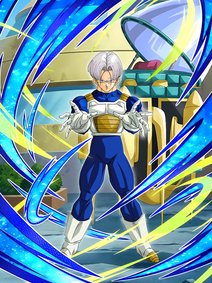 1boy absurdres blue_eyes capsule_corp dokkan_battle dragon_ball highres looking_at_viewer muscular muscular_male official_art purple_hair saiyan_armor serious solo time_machine trunks_(dragon_ball) trunks_(future)_(dragon_ball)