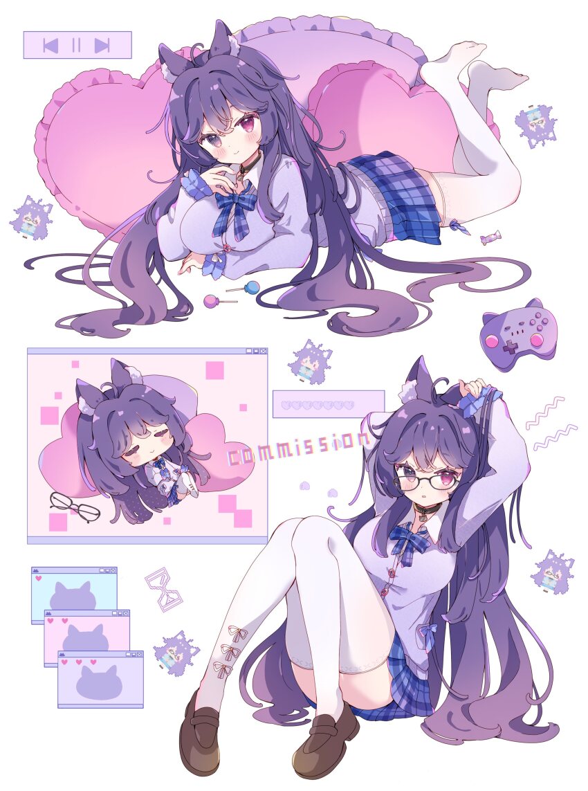 1girl absurdres ahoge animal_ear_fluff animal_ears black_choker blue_bow blue_bowtie blue_skirt blush bow bowtie breasts brown_shoes cat_ears cat_girl choker closed_eyes closed_mouth commentary commission convenient_leg full_body glasses heart heart-shaped_pillow heterochromia highres large_breasts loafers long_hair long_sleeves looking_at_viewer lying media_player_interface miniskirt no_shoes on_stomach original parted_lips pillow plaid_bow plaid_bowtie plaid_clothes plaid_skirt pleated_skirt purple_eyes purple_hair purple_sweater red_eyes shoes sitting skeb_commission skirt smile sweater the_pose thighhighs tsukiyo_(skymint) unworn_eyewear very_long_hair vrchat white_background white_thighhighs window_(computing) wing_collar