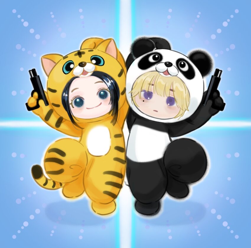 2girls animal_costume animal_print arm_up baby_walkure black_eyes black_hair blonde_hair chibi chibi_only closed_mouth commentary finger_on_trigger fukagawa_mahiro gun handgun highres holding holding_gun holding_weapon mole mole_under_eye multiple_girls onesie panda_costume purple_eyes short_hair sidelocks smile sugimoto_chisato tiger_costume tiger_print weapon zpyzephyr