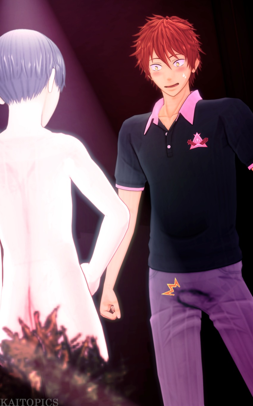 10s 2boys absurdres bulge erection erection_under_clothes free! grey_hair highres kaitopics male_focus mikoshiba_momotarou multiple_boys nitori_aiichirou nude orange_hair tagme yaoi yellow_eyes