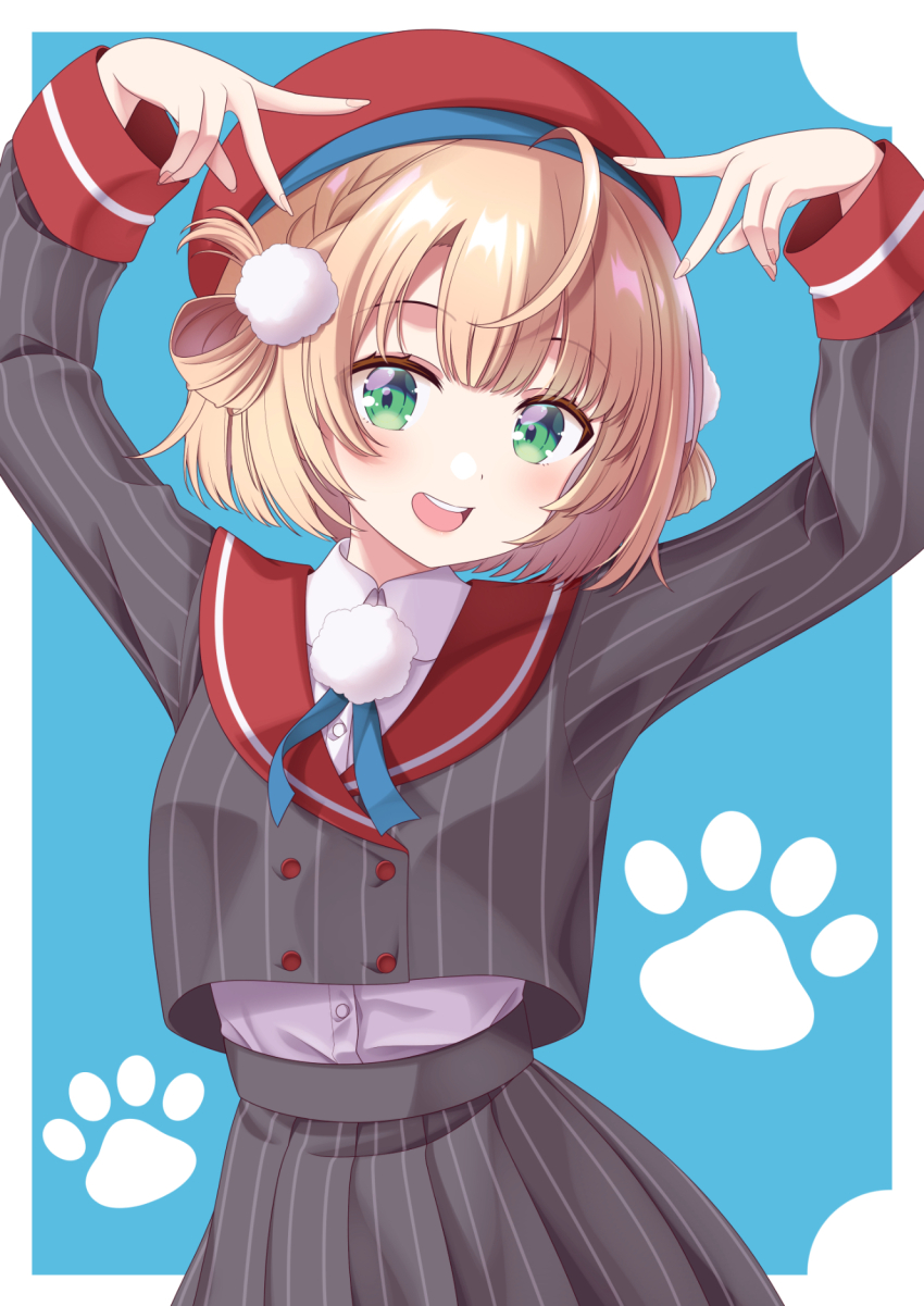 1girl :d arms_up beret blonde_hair blue_background blue_ribbon blunt_bangs blush braid buttons collared_shirt contrapposto cowboy_shot double-breasted double_v dress_shirt green_eyes grey_jacket grey_skirt hair_ornament hair_rings hat highres indie_virtual_youtuber jacket long_sleeves looking_at_viewer miniskirt neck_ribbon open_mouth paw_print paw_print_background pinstripe_jacket pinstripe_pattern pinstripe_skirt pleated_skirt pom_pom_(clothes) pom_pom_hair_ornament red_hat red_sailor_collar ribbon sailor_collar school_uniform shigure_ui_(vtuber) shigure_ui_(vtuber)_(1st_costume) shirt short_hair side_braid skirt sleeve_cuffs smile solo ssaaggwwaa v virtual_youtuber white_shirt winter_uniform