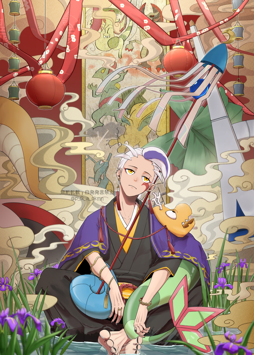 1boy absurdres alternate_costume barefoot black_kimono black_nails character_print closed_mouth commentary_request dragonite drayton_(pokemon) earrings facepaint flower flygon gen_1_pokemon gen_2_pokemon gen_3_pokemon gen_5_pokemon haxorus highres japanese_clothes jewelry kimono kingdra looking_up male_focus mask multicolored_hair nail_polish nintendo p_0_a pokemon pokemon_sv purple_flower purple_hair sceptile sitting streaked_hair toenail_polish toenails toes water white_hair yellow_eyes