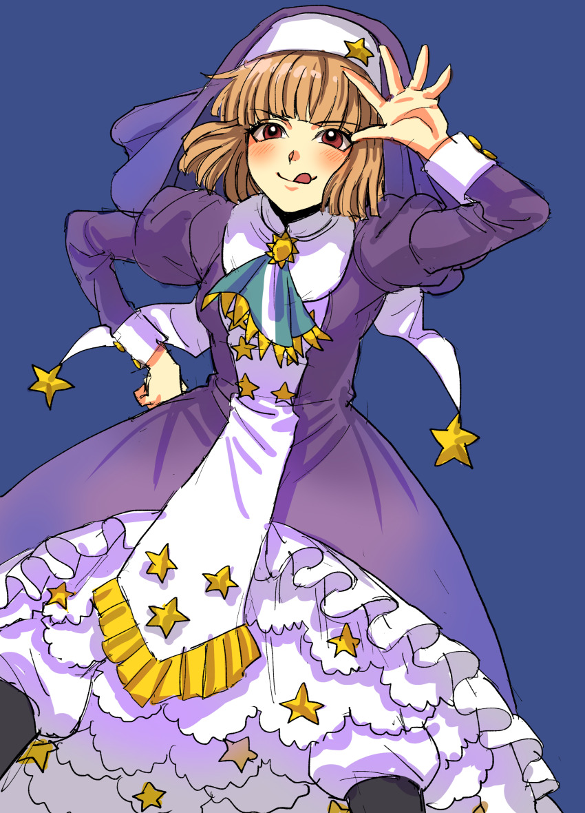 absurdres artist_request blue_background ciconia_no_naku_koro_ni dress highres leah looking_at_viewer orange_hair purple_dress red_eyes short_hair smile star_(symbol) tongue tongue_out